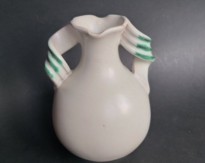 Art Deco Upsala Ekeby Sweden Matte White Vase with Green Twisted Handles. Beautiful Shape. Lovely Form. Swedish Art Pottery.