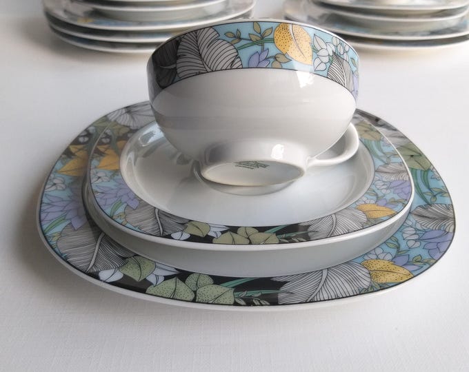 Mitterteich Form 2330 Germany. Set (Demitasse Cup, Saucer and  Dessert Plate). Colour Full Design. Plant Motif. Retro Espresso china Set 80s