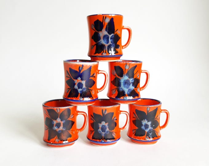 Set of 6 Deco Helsingborg Sweden Vintage Orange Red Colour Glazed Ceramic Cups, Mugs for Christmas Mulled Wine. Hand Painted Flower. Marked.