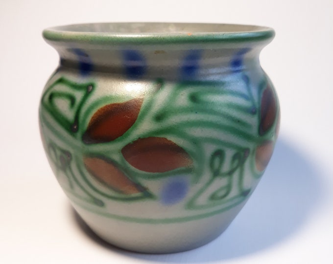 Uppsala Ekeby Sweden. Beautifully Hand Painted Ceramic Vase. Light Grey, Green, Brown, Blue Colours. Plant Motif. Swedish Art Deco Pottery.