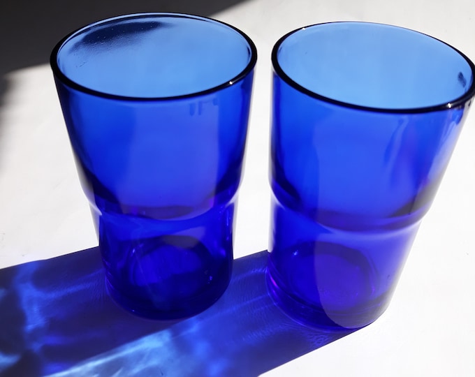 Set of 2 Vintage Santa Marina Brazil Cobalt Blue Cristal Resistente 250ml Juice Glasses, Drinking Glasses, Tumblers. Marked on Bottom.