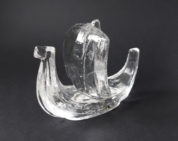 Vintage Pukeberg Sweden Clear Textured Crystal Glass Viking  Sailing Ship. Design by Uno Westberg. Swedish Home Decor. Scandinavian Design.