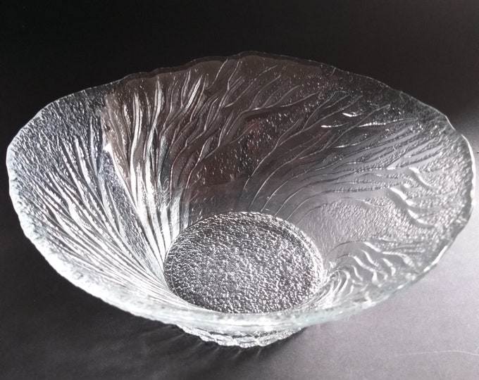 Mäntsälän Lasisepät Finland Large Clear Textured Glass Serving Bowl Metsa (Forest). Design by Pertti Kallioinen. Vintage Scandinavian Glass.