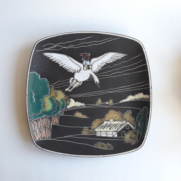 AWF Norway Ceramic Wall Plaque, Relief, Plate, Decor. "Nils Holgersson flying with Gees". Scandinavian Vintage Pottery from 60s. Marked.