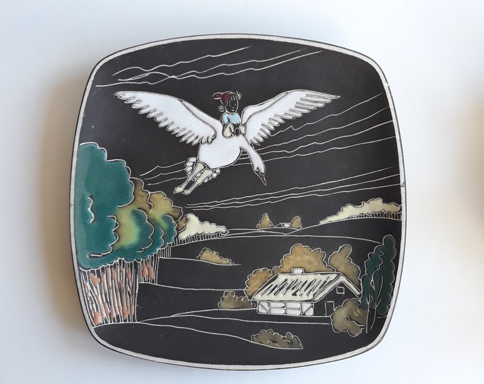 AWF Norway Ceramic Wall Plaque, Relief, Plate, Decor. "Nils Holgersson flying with Gees". Scandinavian Vintage Pottery from 60s. Marked.