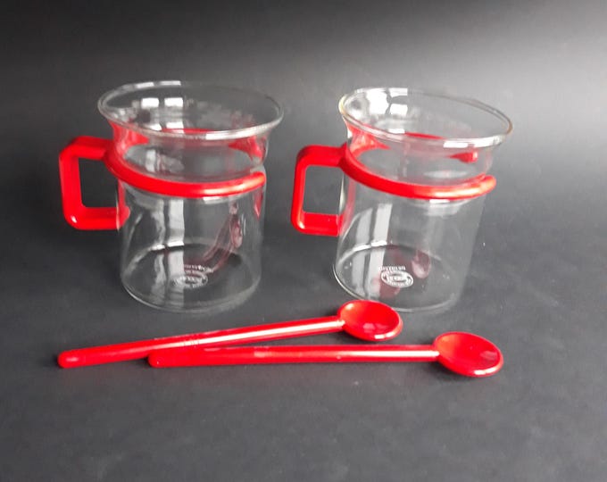 Set of 2 Iconic Vintage Bodum Bistro Series Tea Coffee Glasses from 80s. Made of Heat Resistant Glass and a Removable Red Plastic Holder.
