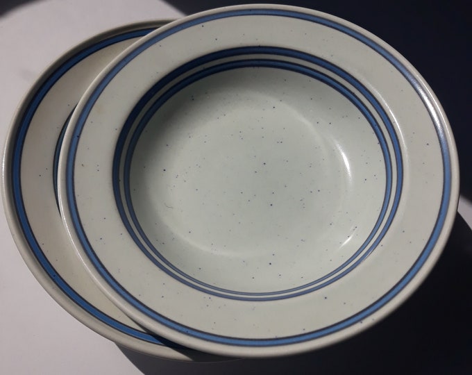 One Vintage Gustavsberg Deep Plate, Bowl in Dart Pattern. Hand Painted. Design by Stig Lindberg. Blue Stripes. Marked.