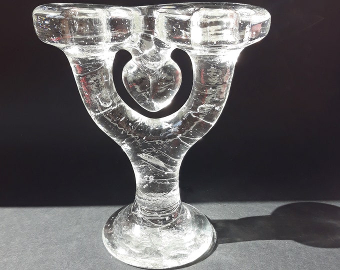 Pukeberg Sweden. Vintage Two Arm Crystal Glass Candelabra with Hart Motive. Beautiful Design by Staffan Gellerstedt. Swedish Art Glass.