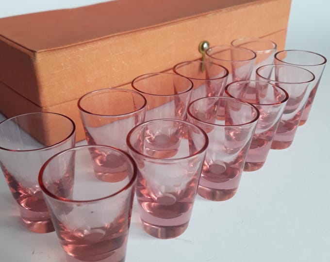 Vintage Vodka Shot Glasses Soviet Russia. Twelve Russian Clear Glass Snaps Glasses. Original Box. Part of the Soviet Union Cultural Heritage