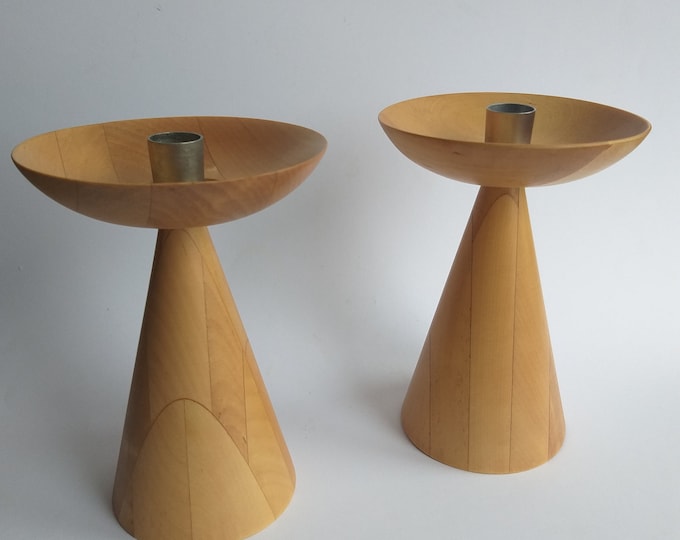 Pair of Vintage Turned Wood  IKEA Candlestick Holders. Metal Inserts. Original Labels. Swedish Mid-century Design Home Decoration from 70s.