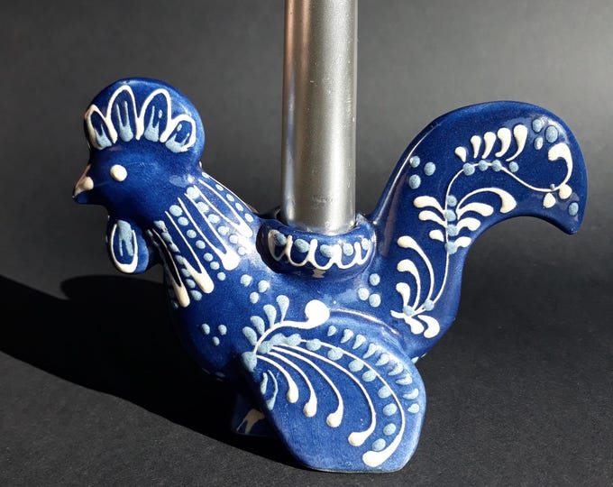 German Ceramic Rooster Candleholder in Blue Glaze with White Decorations. Vintage Pottery. Lovely Home Decor.