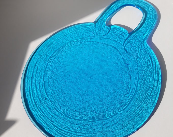 Lindshammar Sweden Large Aqua Blue Crystal Glass Platter. Design by Gösta Sigvard. Vintage Swedish Art Glass from 70s.