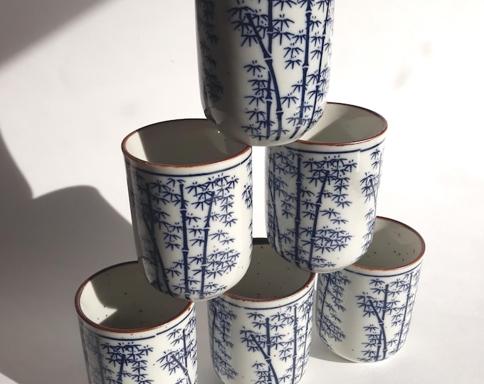 Set of 6 Vintage Blue and White Bamboo Themed Oriental Teacups. Stoneware Takahashi Pottery. Timeless Elegance of Japanese Aesthetics.