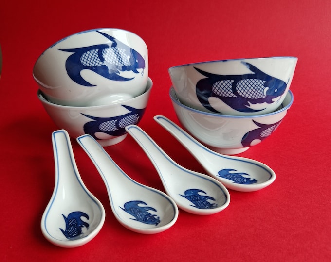Set of Four Adorable Chinese Porcelain Rice Bowls with a Blue Fish Decoration on the Side and Four Spoons. Marked. Made in China. Rare Find.