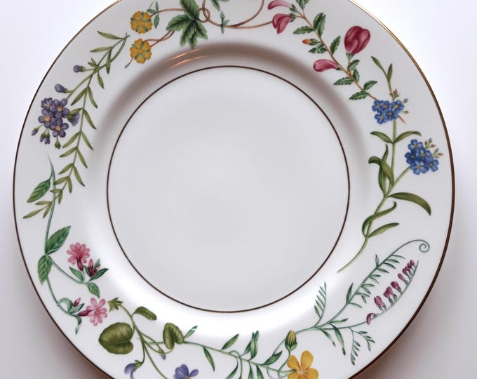 Beautiful Royal Worcester England Fine Porcelain Dinner Plate in Arcadia Pattern. Pink, Yellow, Blue Flowers along the verge. Gold Trimmed.