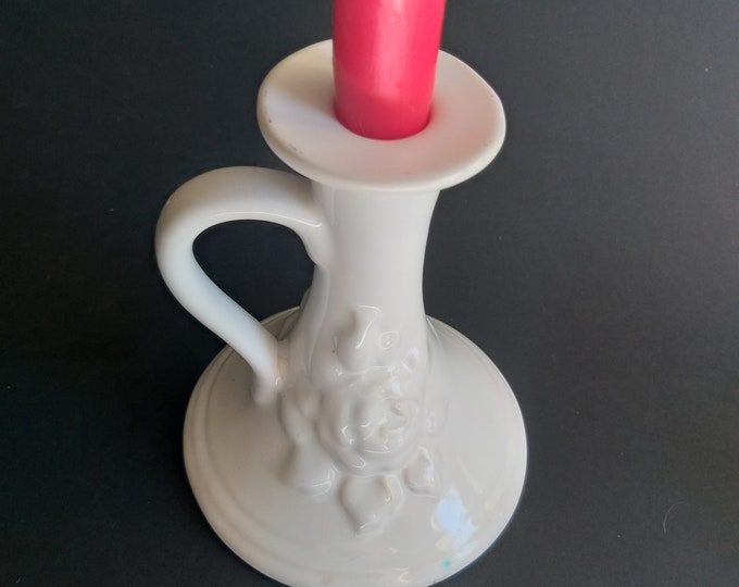 Guldkroken Hjo Sweden Ceramic Candlestick Holder in White Glaze with Rose Flower Relief. Vintage Swedish Pottery. Cute Home Decor from 70s.