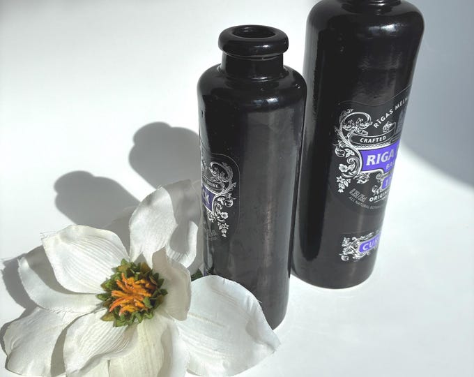 Set of 2 Riga Black Balsam Ceramic Bottles with Cork in Black Colour. Original Label. Vintage Style Jar.
