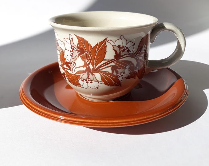 Hoganas Keramik Sweden Cup and Saucer in beautiful Flower and Leave Design. Caramel Colour Glaze. Marked. Swedish Vintage Tableware.