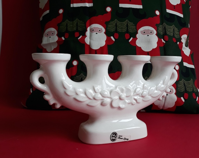 Rosa Ljung Deko Keramik Helsingborg Sweden. White Vintage Advent Candle Holder Candelabra. Flower Relief Pattern. Swedish  Pottery.