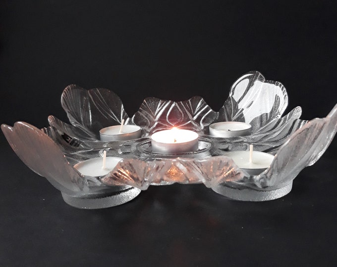 Beautiful Vintage Muurla Finland Crystal Glass Tea Light Holder for Five Candles. Clear Textured Glass. Original Label. Finnish Design.