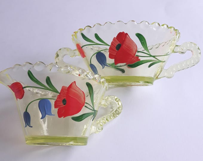 Vintage Light Green Pressed Glass Creamer and Sugar Bowl in Light Green Colour with Hand Painted Red Flowers. Beautiful Set.