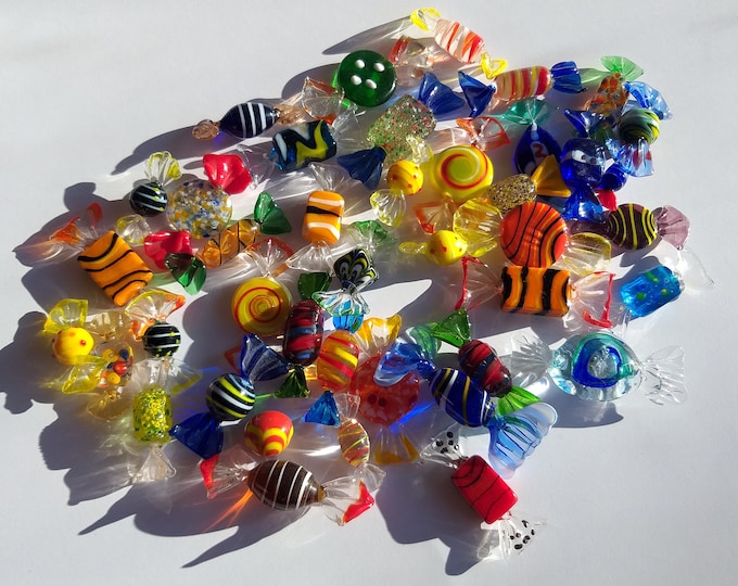 41 Vintage Glass Hand Blown Wrapped Small Candy Figurines. Multicoloured Art Glass Candies for Fun Home Decoration. Looks Super Cool.