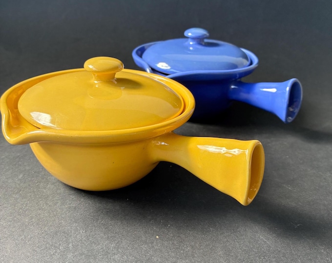 One Set of 2 Bo Fajans Sweden Ceramic Kyusu style Teapots from Termo-Sol series designed by Allan Ebeling. Vibrant Monochrome glazes.