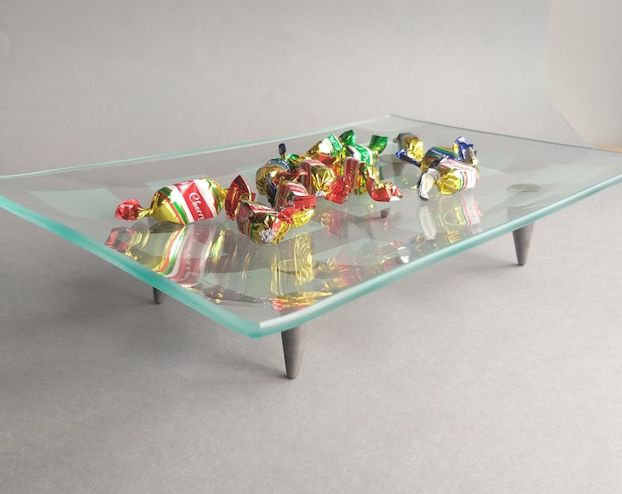 Mid Century Modern Glass Try on Tin Feet. Clean Lines. Design from 50s. Frosted Glass Squares on Clear Base. Vintage Scandinavian Design.