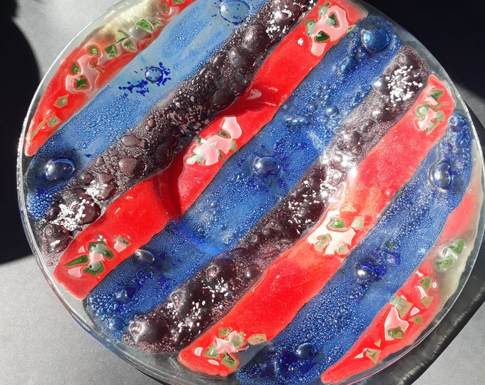 Vintafge Asvo Skien AS Large Fused Glass Fruit Plate. Textured Glass. Blue Red Copper Colours. Original Label.  Expressive Center Piece.