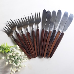 Può includere: Un set di posate vintage, tra cui forchette e coltelli da burro. Le forchette hanno tre rebbi e i coltelli hanno lame arrotondate. I manici sono in legno marrone scuro e il metallo è argentato. Le posate sono disposte su una superficie bianca.