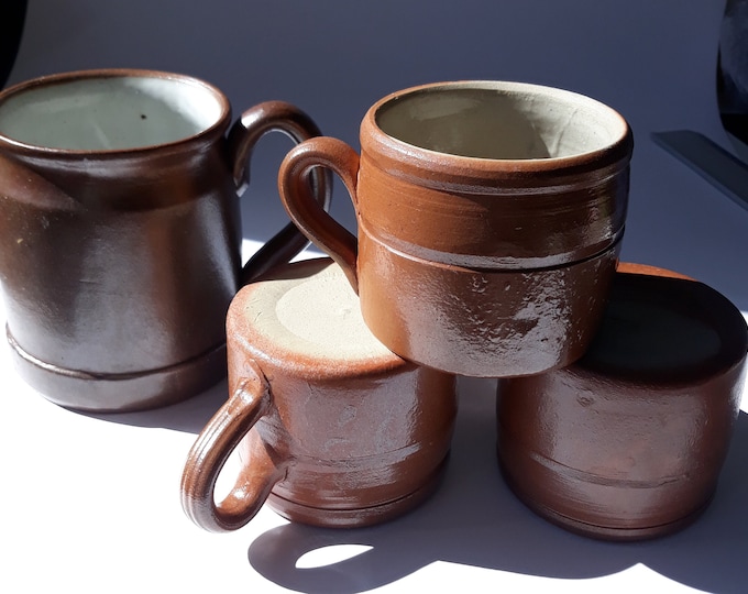 Set of 3 Smaller Ones Swedish Brown Salt Glazed Mugs. Vintage Stoneware Pottery from Sweden. Rough Surface Outside, Smooth Inside.
