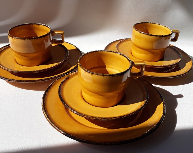 One Set of Pagnossin Treviso Terraglia Forte 775 Cup, Saucer, Plate in Sunny Yellow Colour with Rusty Brown Edge. Made in Italy. Marked.
