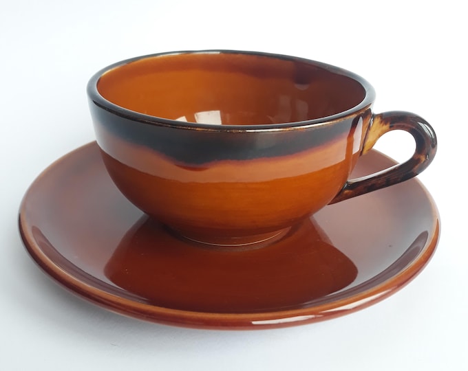 Vintage ST Clement France Large Cup and Saucer. Glazed Ceramic in Brown Tones. Marked.