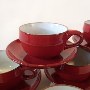 Vintage Friesland Melita Germany Ceracron Ceramic Espresso Coffee Cup and Saucer in Red Colour Glaze. Brown Rim. Light Grey Interior. Cute.