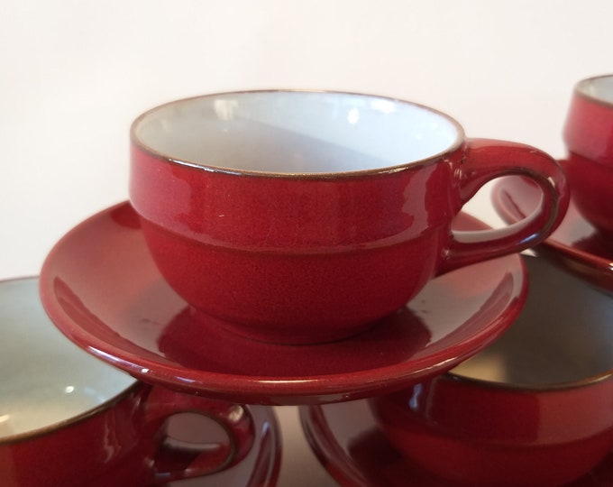 Vintage Friesland Melita Germany Ceracron Ceramic Espresso Coffee Cup and Saucer in Red Colour Glaze. Brown Rim. Light Grey Interior. Cute.