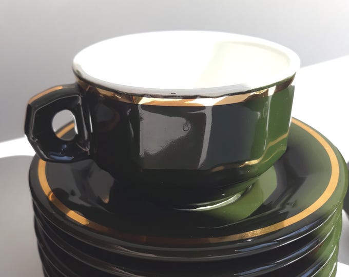 One Large Vintage Pillivuyt France Porcelain Demitasse Cup and Saucer Set. Dark Green with Gold Trim. French Tableware. Marked. Used.