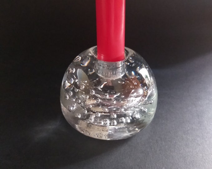 Eneryda Glasbruk Sweden Vintage Clear Crystal Glass Candlestick Holder with Controlled Bubbles. Original Sticker.  Swedish Retro Art Glass.