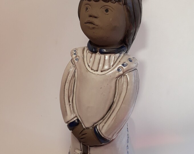 Large 24 cm- 9.44" Elbogen Sweden Ceramic Figurine. Girl in White Dress and Blue Bow. Swedish Vintage Pottery. Hand Made. Signed. Home Decor
