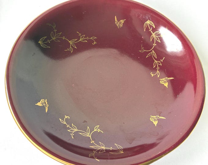 Vintage Jasba Germany Ox Blood Colour Glaze with Gold Hand Painted Floral Decor Elegant Bowl. Golden Rim. Great for Christmas Table. Marked.