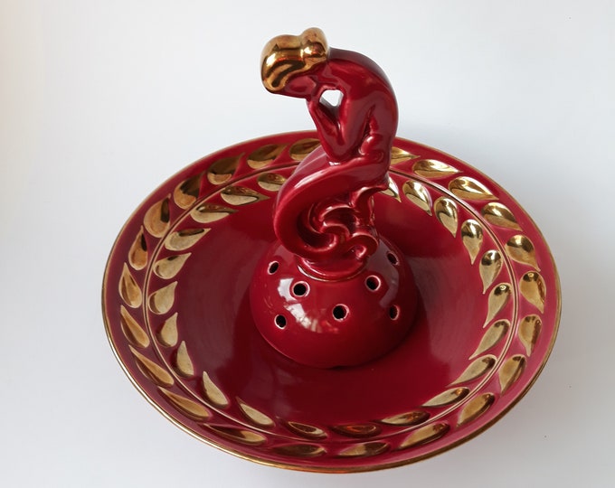 Vintage Upsala Ekeby Gefle Sweden "Red Ruby" Arthur Percy. Porcelain Flower Arrangement Bowl with Mermaid Floral Frog. Gold Colour Accents.