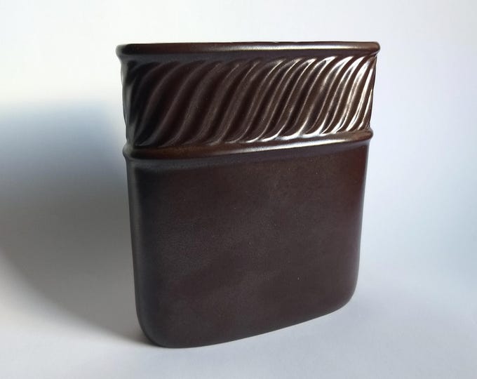 Höganäs keramik Sweden. Brown stoneware vase with  with an edge in relief. Oval shape. Swedish ceramic vase. Vintage laconic pottery piece.