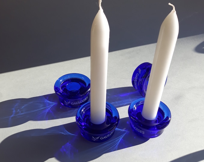 Pair of Vintage Gauloises Deep Cobalt Blue Colour Glass Candlesticks. Advertising Inscription on One Side with White Letters. Fun Pieces.
