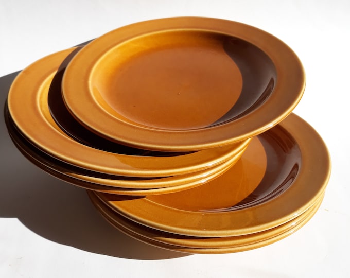 Pair of Stavangerflint  Norway Caramel Colour Glazed Ceramic Plates. Marked. Kiln Marks. Vintage Medium Size Plates for Salad, Sandwich.