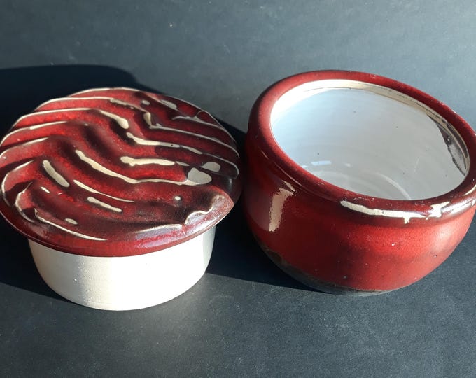 Studio Pottery. Large French Butter Keeper. Red with White Glaze. French Butter Crock. Artist Signed. A Beautiful Usable Kitchen Utensil.