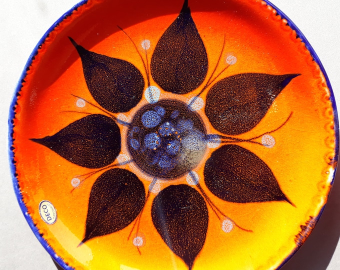 Set of 2 Deco Helsingborg Sweden Vintage Orange Red Colour Glazed Ceramic Plates. Hand Painted Flower. Original Labels. Marked on Bottom.