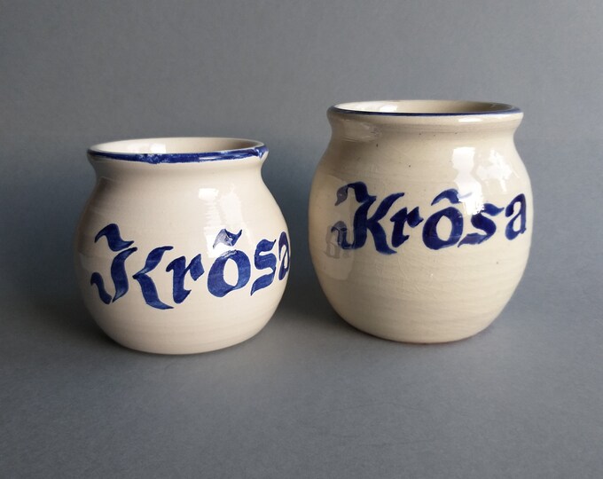 Set of 2 Vintage Swedish Potts in Light Colour with  with the Inscription - Krosa. Rim, Letters are in Cobalt Blue Colour. Stamped, Signed.