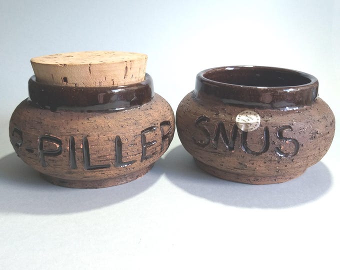 Set of 2 Vintage Laholm Keramik Sweden Ceramic Semi Glazed Jars Containers With Carved Words - Snuff and Pills. Designed by Scott Anderberg