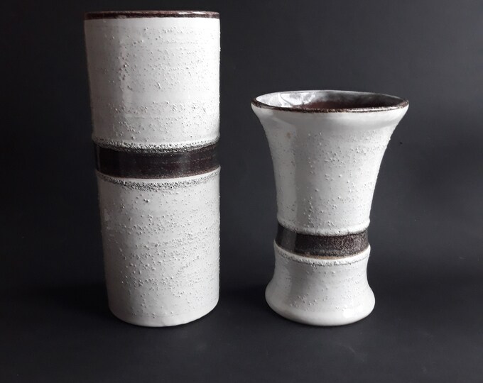 Vintage East Germany Ceramic Vase by Strehla. White Colour with Brown Lane in the Middle and Tactile Texture. Laconic Mid Century Home Decor
