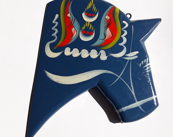 Vintage Swedish Nils Olson Large Dala Horse Head Wood Wall Decor. Blue, White, Red, Yellow Colours. Original Label. Scandinavian Home Decor.
