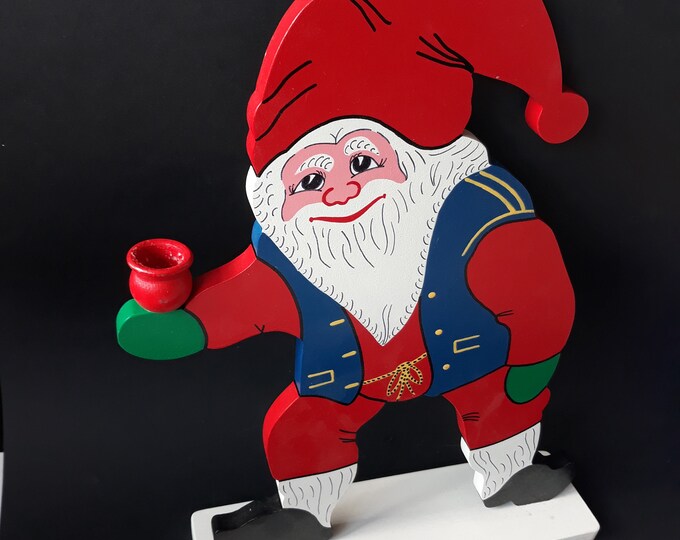 Swedish Wooden One Arm Candle Holder. Gnome in a Red Hat with White Bier. Hand Made in Sweden. Scandinavian Vintage Christmas Home Decor.